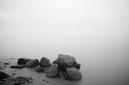 Lan's End - water, fog, shoreline, ocean, stones, shore, nature, boulders, places