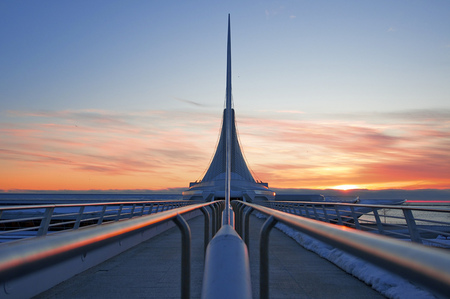 At the Point - morning, sky, arhitecture, sun, light, red, orange, colors, sunrise, bridge