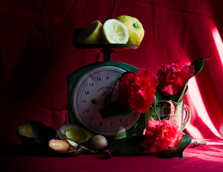 Still life - flowers, still life, red, lemon