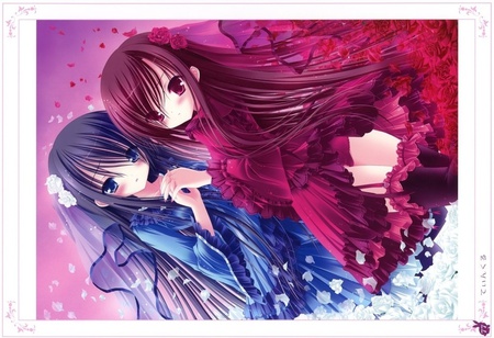 Sun and Moon embrace - flowers, blue, red, dress, cute, loli