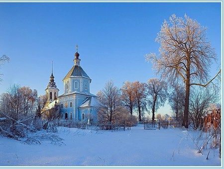 Little blue church - blue church, trees, winter, snow, blue sky, country