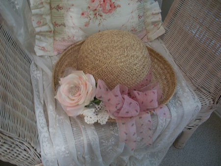 A Touch Of Peach - feminine, pillow, straw, hat, ribbons, wicker, lacey, chair, floral