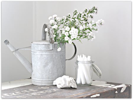 White On White - flowers, colour, table, spring, candles, hint, water can, jar