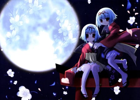 Lovely Shrine Guardians on a Full Moon Night - cute anime girls, windy night, full moon, shrine, kimono