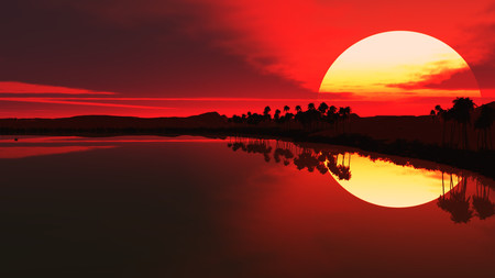 Beautiful Sunset - lake, palm trees, red sky, sunset