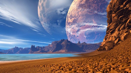 Two Worlds - lake, planets, wallpaper, mountains, blue sky