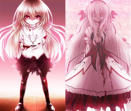 blood cura x2 - red eyes, game, pink, cura, blood, cg, dress