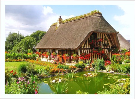 Little woodland cottage - cottage, houses, trees, cittage, architecture, flower garden, thatch roof, flowers, grass, pond