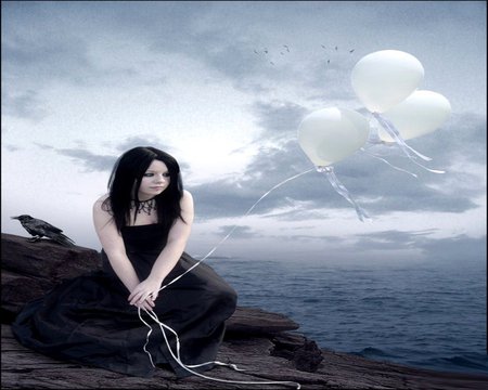 SAD DREAMER - ballons, sky, ocean, female, clouds, sad, dreamer, bird