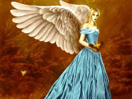 Angel With A Bird - girl, angel, wings, lovely, fantasy, bird, cg, abstract, brown, amazing, 3d, blue, beautiful, green, fairy, blonde