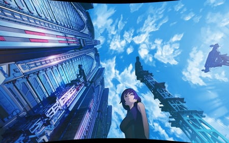 City Sky - clouds, anime, anime girl, blue, beautiful, girl, beauty, city, buildings, aqua, gorgeous, cute, sky