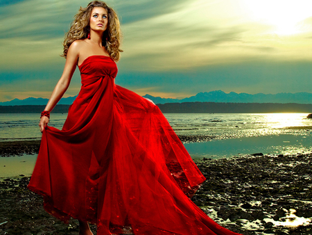 Lady in Red - nature, woman, red, dress, sea, colors, beautyful, sky