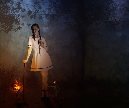 Halloween - blood, trees, murderer, mskycarmen, night, forest, pumpkin, light, doll, leaves, dark, halloween, crime, leaf