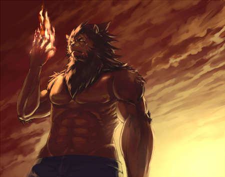 furry muscle - lion muscle, furry, light, fire