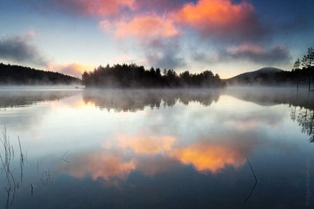 September morning - clouds, trees, sunset, photography, reflection, sky, bulgaria