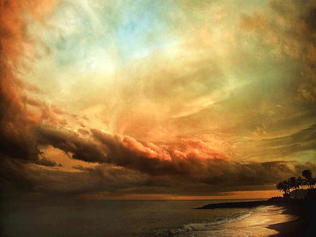 Sky artistry - sky, shoreline, water, colored, gold, white, reflections, clouds, blue, orange