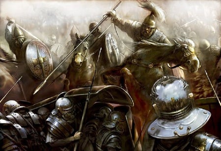 The Battle Joined - swords, horse, armour, fantasy, helmet, battlefield, spear, pilum, shield, warriors