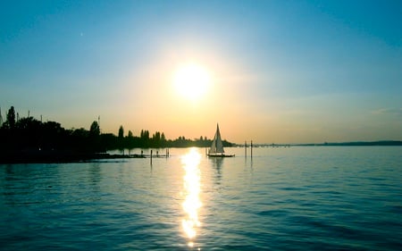 Sunset and the Sailboat - sky, sunset, clear, nature, lakes, pier, reflection, beautiful, colors, sailboat