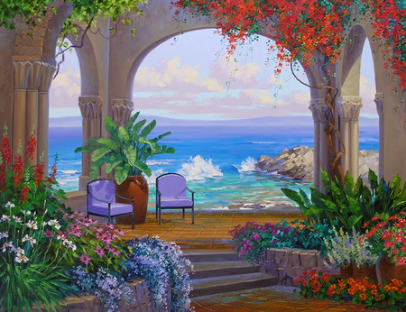 A Mediterranean Inspiration - nice, sky, beach, paradise, terrace, paintng, water, chairs, mediterranean, painting, view, art, pretty, clouds, relax, lake, summer, shore, lovely, plants, nature, arch, beautiful, rest, flowers, sea