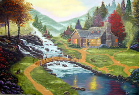 Wilderness Cabin - forest, creek, bridge, cottage, deer, painting