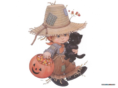 Halloween Sidekick - pumpkin, trick or treat, boy, black cute, costume, kitten, halloween, dress up, candy