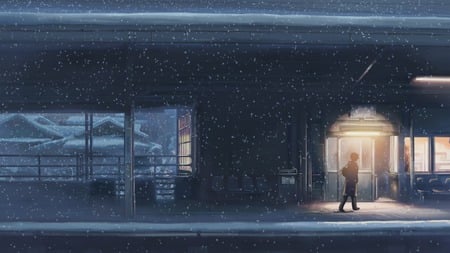 Snowier train railway station - railway station, station, houses, bike, girl, night, bikes, chairs, train railway station, cold, snow, boy, house