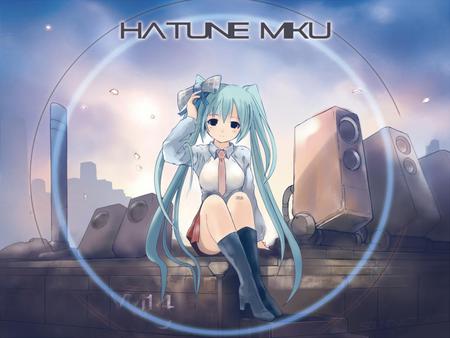 Hatsune Miku - pretty, anime, vocaloid, stage, blue, twintail, hatsune miku, stars, blue hair, skyscrapers, nice, sky, blue eyes, idol, sunlight, skirt, beautiful, hot, thighhighs, bass, city, beauty, cool, white, miku, awesome, cute, hatsune, sexy, vocaloids