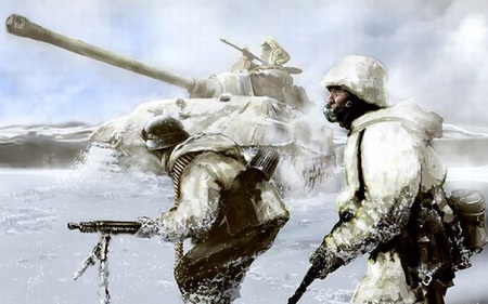 Eastern Front - snow, tank, artwork, soldiers, guns, fantasy