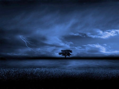 BLUE STORM - clouds, water, blue, stormy, night, tree, field, lightning, sky