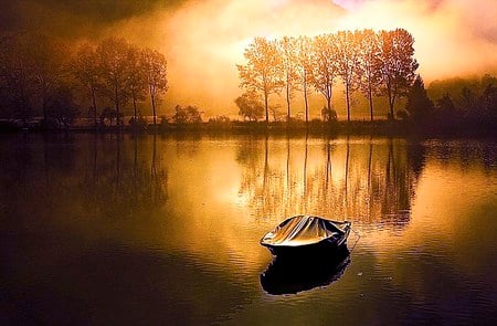 Till tomorrow - trees, golden sky, evening, anchored boat, reflection on water