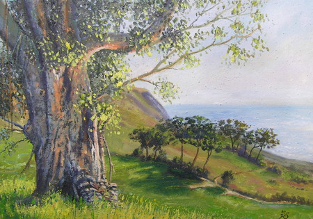 Tree In Field - hill, nature, green, feild, painting, forest, art, tree