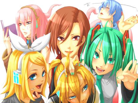 Vocaloids - nice, realistic, beauty, headset, twintail, colorful, kaito, book, microphones, rin, pretty, cool, megurine luka, anime, miku, cute, luka, hatsune miku, kagamine rin, blue eyes, meiko, vocaloids, len, bow, headphones, vocaloid, beautiful, tie, awesome, kagamine len