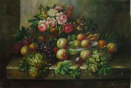 Fruitful Delight - flowers, grapes, display, vines, plums, table, peaches, leaves