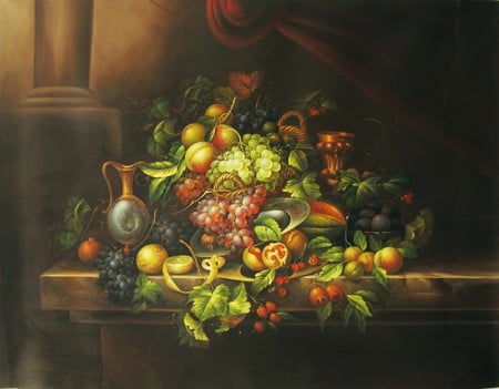 fruit design - peaches, curtains, plums, friut, basket, pitcher, arrangement, display, table, grapes, lime, lemons, plate, vines