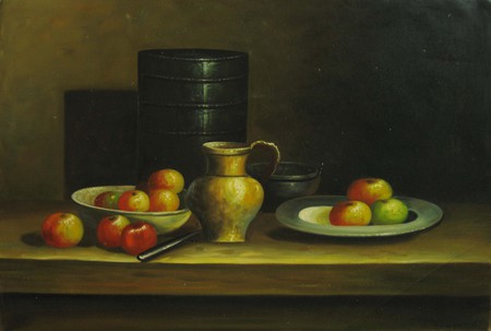 Still Glance - pot, pitcher, knife, fruit, plates, table, bowls