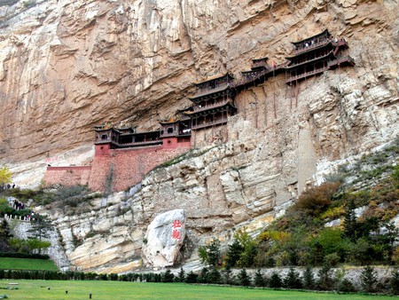 Hanging_Temple - rock, architecture, religious, temple, chaina, trees, mountain, grass