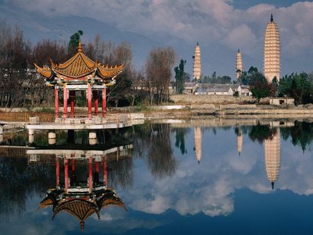 Three_Pagodas_of_Chongsheng_Temple_Dali_Yunnan - natura, water, pagoda, blue, lake, sky, architecture, reflection, rivers, trees