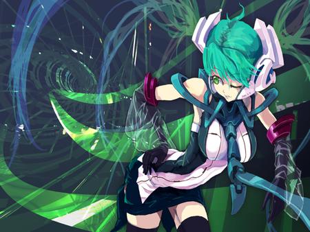 Hatsune Miku Append - nice, beauty, hot, append, headset, twintail, colorful, miku append, pretty, cool, anime, green, miku, cute, hatsune miku, thighhgihs, sexy, stars, space, hatsune, vocaloids, blue hair, abstract, green eyes, headphones, vocaloid, blue, beautiful, tie, awesome