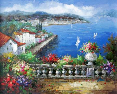 A Mediterranean View - painting, mediterranean, boats, terrace, villas, plants