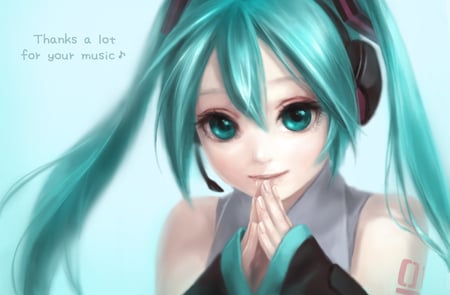 Thanks a lot for your music - miku, vocaloids, song, microphone, cool, headphones, awesome, vocaloid, anime, twintail, blue, mic, female, blue eyes, notes, realistic, hatsune, happy, black, cute, beautiful, girl, white, blue hair, pretty, song notes, beauty, nice, smile, idol, headset, music, hatsune miku