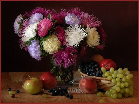 still life - vase, grape, beautiful, photography, photo, cool, flower, still life, bouquet, peach, harmony, flowers, chrysanthemum, fruit, nice, apple