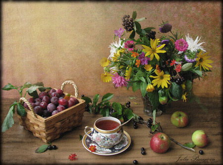 still life - plums, photo, flowers, apples, fruit, color, nice, vase, beverage, beautiful, photography, tea, cool, still life, flower, bouquet, harmony, basket, cup