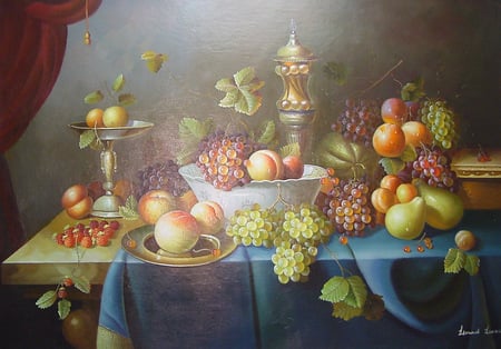 A Fruitful Harvest - vines, table, bowls, leaves, curtain, mixture, runner, gobblets, autumn, carafe, fruits