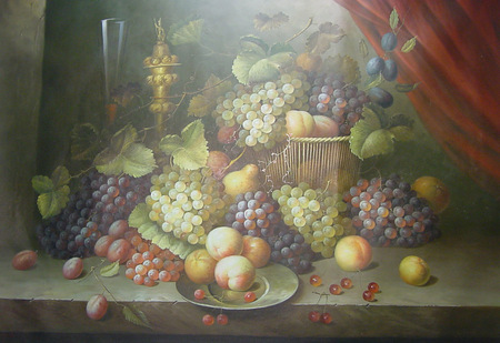 Italian Flair - carafe, glasses, baskets, vines, fruits, fresh, plates, abundance, wine, table, curtain