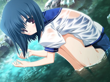 Anime girl - water, wet, rocks, school swimswuit, seethrough