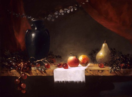 Quite Still - runner, vessel, pear, table, grapes, black, apples, curtain