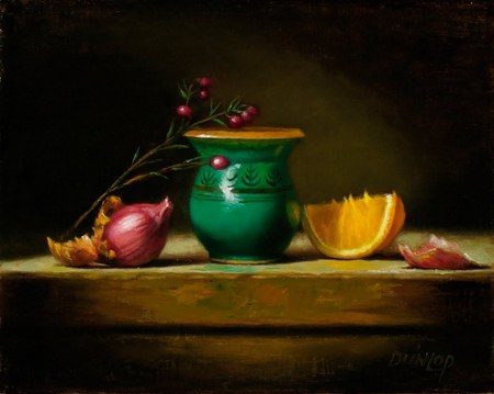 Simple Story - red, pot, butchers block, slice, orange, holly, colours, onion, green