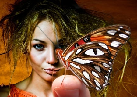 Trust - fantasy, female, red, artwork, butterfly, finger, face, orange