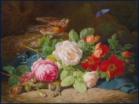 For You Helen - flowers, bird, shell, branch, painting, butterfly, blue cloth, bouquet