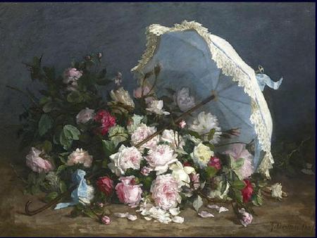 Parasol and Flowers - flowers, parasol, painting, leaves